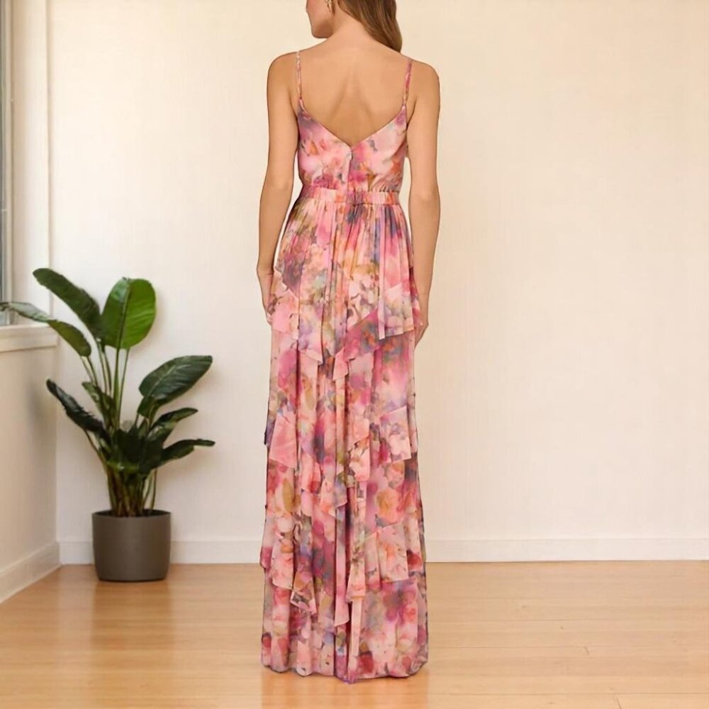 NWT Liv Foster Printed Floral Mesh Gown Pink Multi - Picture 7 of 9